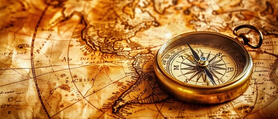 Golden antique compass on a vintage map