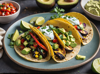 A plate of grilled vegetable tacos with corn tortillas and avocado crema.