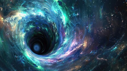 Black Hole Accretion Disks, A swirling, colorful vortex in space, with shades of blue, green, and purple emanating from a central black hole