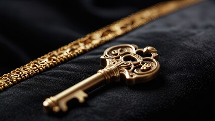 Antique golden keys on black fabric. Ornate designs symbolize mystery and elegance. Vintage jewelry or decorative accessories. Close-up with shallow depth of field.