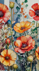 Fototapeta premium Watercolor painting: Fragmented floral impressions: Depict abstract flowers fragmented into multiple pieces, challenging traditional perceptions of form and representation