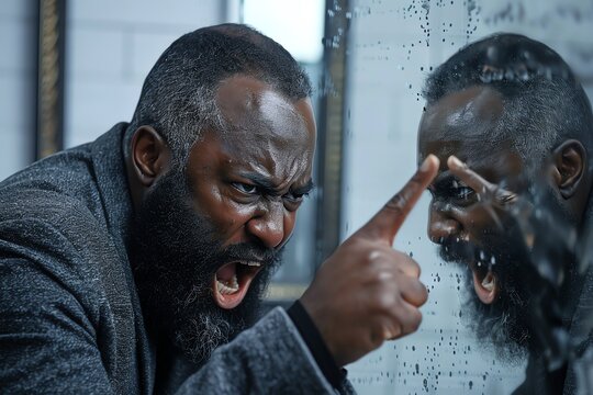 Image of a black mand with a beard crying and looking at his reflection in a mirror with disgustanger He s pointing at the reflection and his mouth should be open like he is yellin