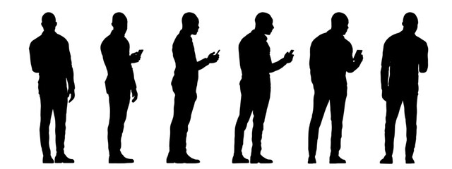 Vector concept conceptual black silhouette of a man checking his phone from different perspectives isolated on white background. A metaphor for communication, connection, leisure and lifestyle
