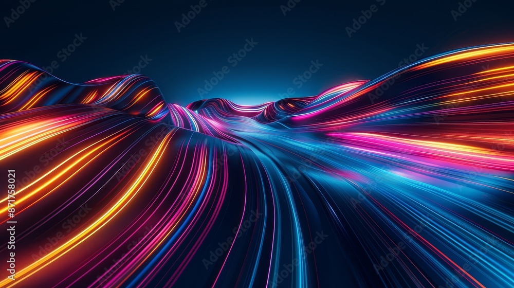 Poster abstract neon landscape - a digital abstract background with vibrant neon lines forming a surreal la