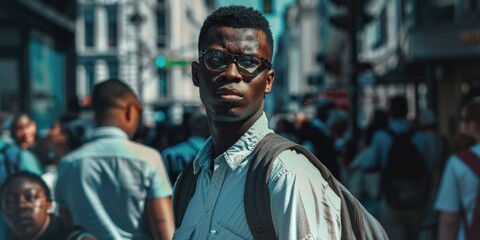 Fototapeta premium Man with backpack on busy street