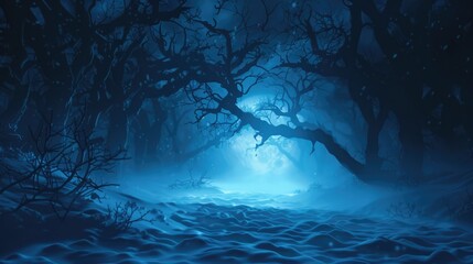 Blizzard Background. Dark Winter Forest with Moonlight, Snow, and Fog