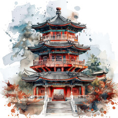 Fototapeta premium Chinese Style Ancient Architecture Watercolor Stickers Isolated on Transparent or White Background, PNG