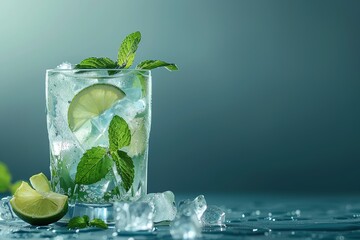 A sparkling iced mojito cocktail with mint leaves and lime wedges, served in a chilled glass against a deep turquoise background, with ice cubes clinking