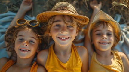 Three Children Smiling and Laying on Blanket in Grass