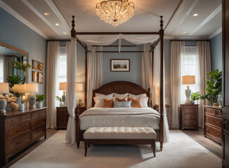 A luxurious master bedroom suite with a canopy bed, sitting area, and walk-in closet.