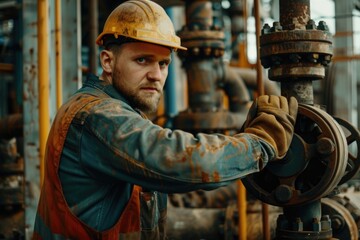 Field Worker Checking Oil Pump: Business in Energy Exploration