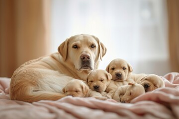 Labrador Puppies. Adorable Mother Labrador with Puppy Dogs
