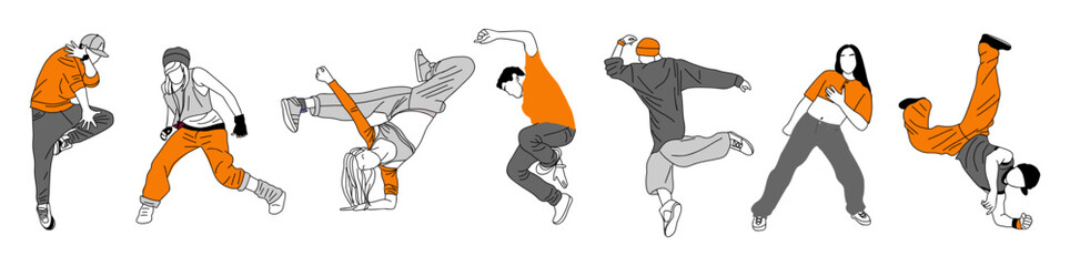 Set of teenager dancers hip hop, breakdance outline vector drawing on transparent background. Young cool girl and boy dancing street dance colored sketch. Korean japanese asian thin line style.