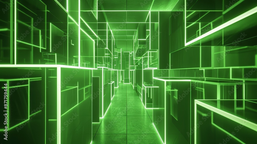Poster neon green geometric corridor - an abstract corridor with neon green lights creating a geometric pat