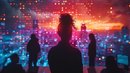 Silhouette of a diverse group of business professionals collaborating in a modern office setting