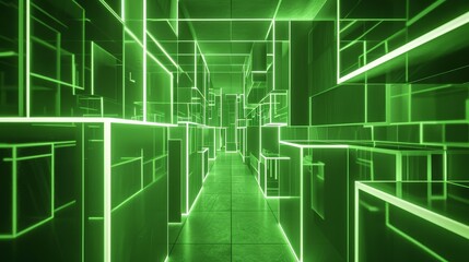 Obraz premium Neon Green Geometric Corridor - An abstract corridor with neon green lights creating a geometric pattern. The corridor is full of reflections and light creating a futuristic atmosphere. - An abstract 