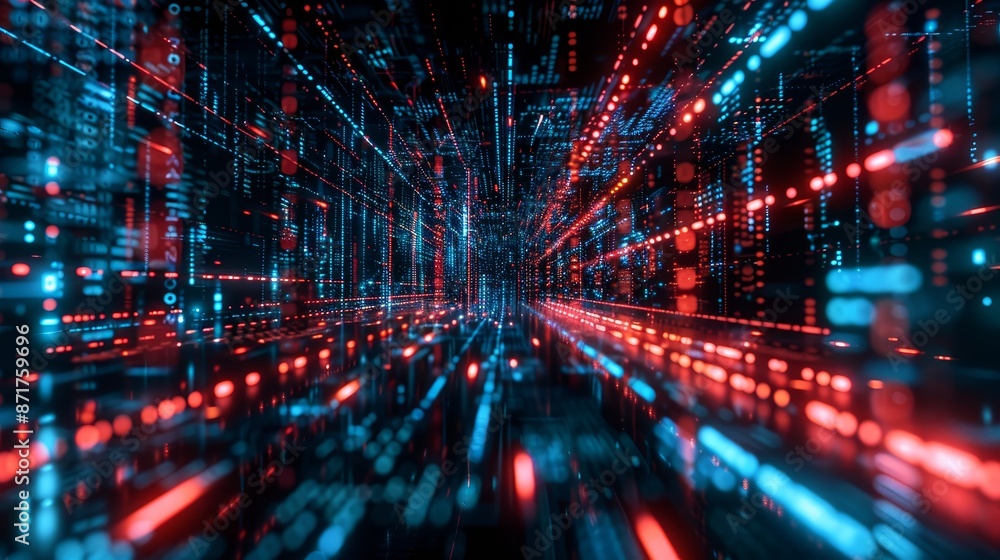 Aufkleber abstract digital tunnel with red and blue lights - a 3d render of a digital tunnel with glowing red 