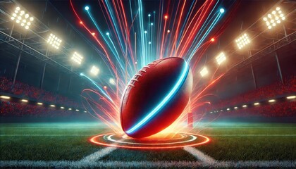 Neon rugby ball on a stadium field with dynamic red and blue lighting effects at night, symbolizing energy and motion.