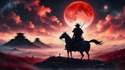 Samurai on a hill, blood moon, sunset clouds, Moon rays, godlight Ethereal vision, Generative AI