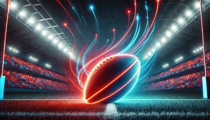 Neon rugby ball on a stadium field with dynamic red and blue lighting effects at night, symbolizing energy and motion.