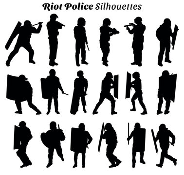 Collection of vector illustrations of riot police silhouettes