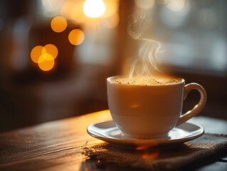 Cozy Morning Vibes - Steaming Hot Coffee Mug on Wooden Table