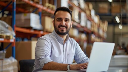 Fototapeta premium portrait of a male warehouse manager working on laptop