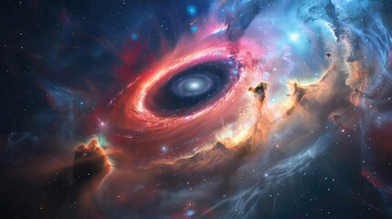 wide angle Stunning science image of Black Hole Accretion Disks aginst colorful galaxy. astronomy scientific look and feel like in national geography book.