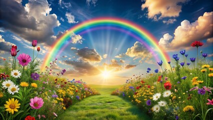 Whimsical, vibrant rainbow arching over serene, peaceful landscape with paw prints, flowers, and clouds, memorializing beloved deceased pets.