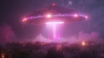 Fototapeta premium A Purple UFO Hovers Over a Foggy Forest at Night