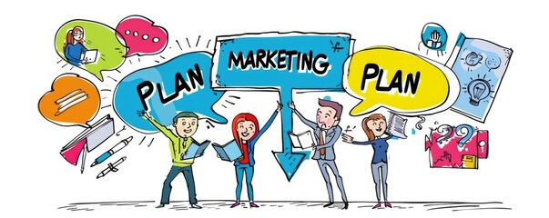 Fototapeta premium Cartoon Marketing Plan Graphic for Social Media and Business Websites