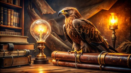 Old leather-bound books and a majestic golden eagle surround a glowing lightbulb amidst a subtle backdrop of ancient scrolls.