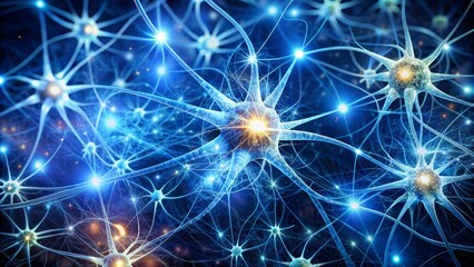 Fototapeta premium Intricate white and blue neural network illustration featuring glowing synapses and threads weaving together in a cosmic abstract dance.