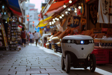 Autonomous delivery robot driving on a pedestrian street in japan, bringing the future of logistics to crowded urban centers