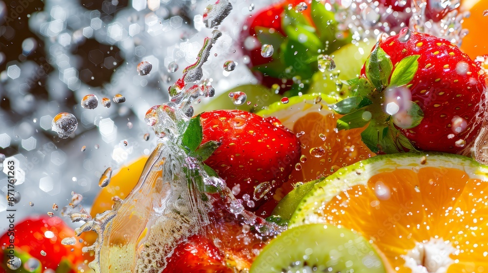 Poster fresh fruit splash - a vibrant image of fresh fruits splashing in water, creating a colorful and dyn