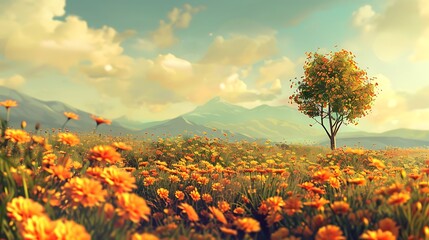 Solitary Tree in a Field of Orange Flowers