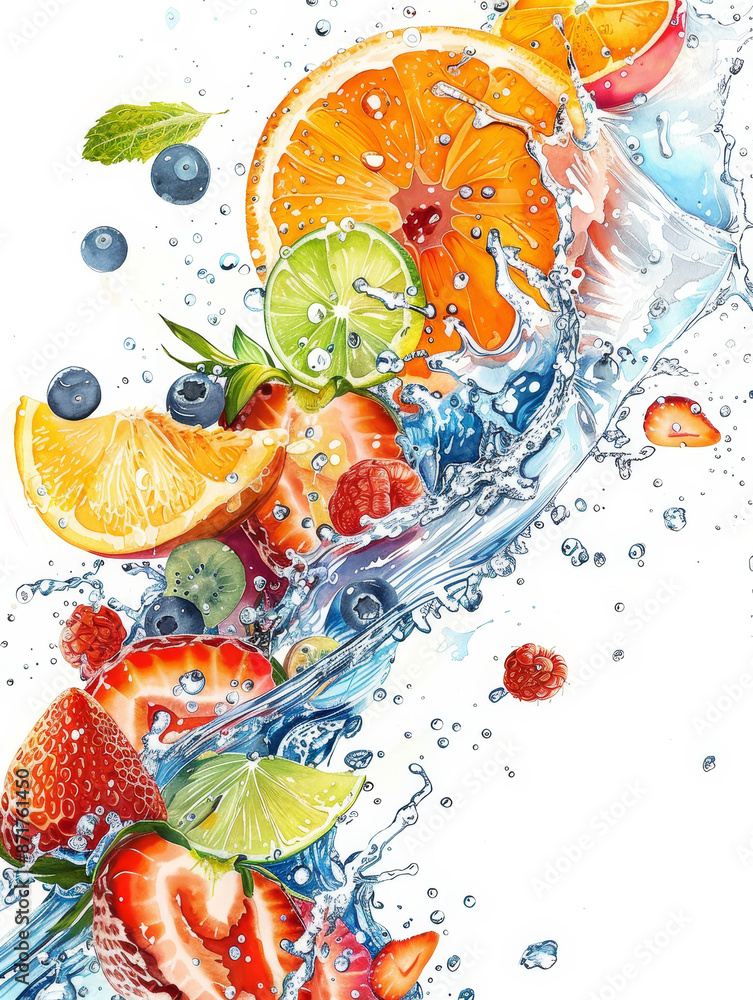 Poster fresh fruit splash - a vibrant illustration of fresh fruit exploding with water and creating a colou