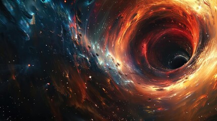 Black Hole Accretion Disks, A stunning, ultra-realistic photographic image of a colorful, swirling black hole in space, with vibrant reds, oranges, and blues, set against a backdro