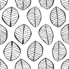 Hand drawn leaf outline seamless vector illustration pattern isolated on white background. Design for use all of fabric print wrapping paper and others. All over design ready to print.