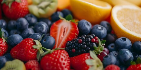 Obraz premium Vibrant Closeup of Antioxidant-Rich Fruits and Vegetables. Concept Food Photography, Vibrant Colors, Close-up Shots, Healthy Eating, Antioxidant-rich Fruits and Vegetables