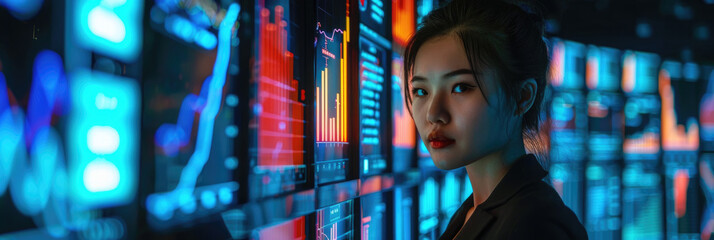 A woman stands before a wall of multiple screens displaying graphs and charts, analyzing data