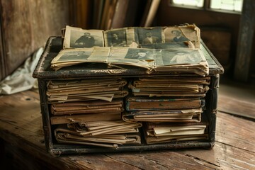 Obraz premium Old Book Covered in Vintage Photos