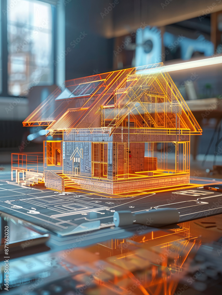 Aufkleber 3d wireframe model of a house - a 3d wireframe model of a house, rendered digitally and showcasing t