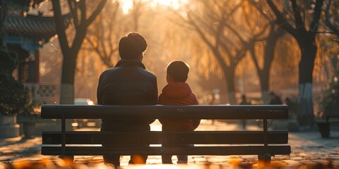 The man and his son are sitting in the park