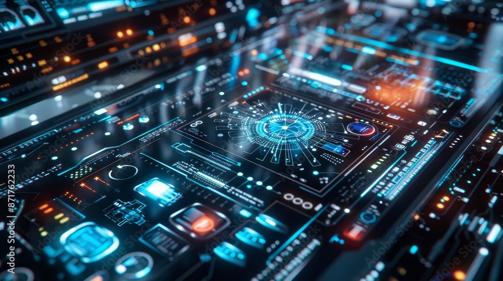 Poster futuristic digital interface - a close-up of a futuristic digital interface with glowing blue and or