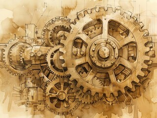 Naklejka premium Steampunk mechanical gears, sepia tones, sketch