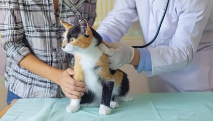 Doctor veterinarian listens to lungs of pet cat with guardian , generated by AI. High quality photo