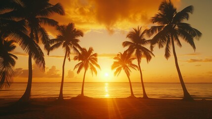 Palm Trees Silhouetted Against a Golden Sunrise - A stunning photograph capturing the silhouette of palm trees against a breathtaking sunrise over a tranquil tropical beach. - A stunning photograph ca