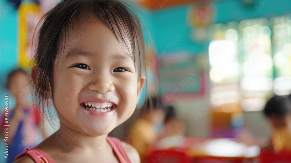 Aufkleber close up of elementary student looking at camera while laughing at classroom with blurring backgroun