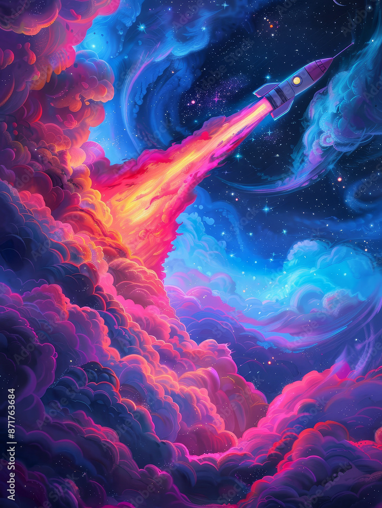 Poster rocket launch in a cosmic cloud - a vibrant rocket launch through a cosmic cloud, the image represen